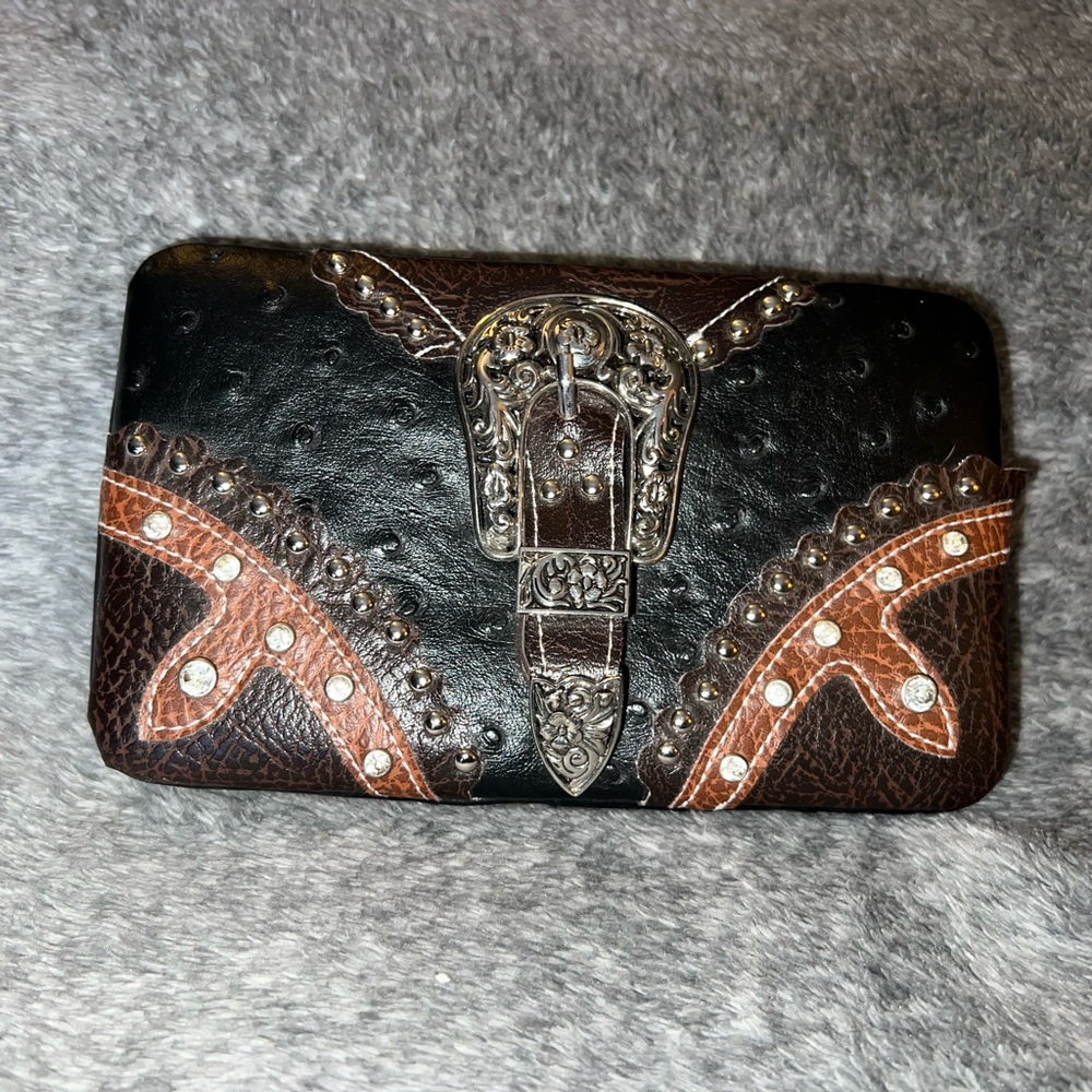 Studded Rhinestone Buckle Western Themed Clutch and Checkbook Wallet NWOT